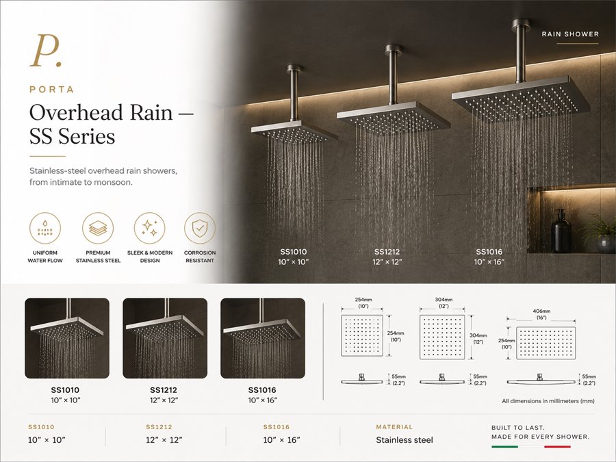 Porta Overhead Rain SS Series stainless-steel shower