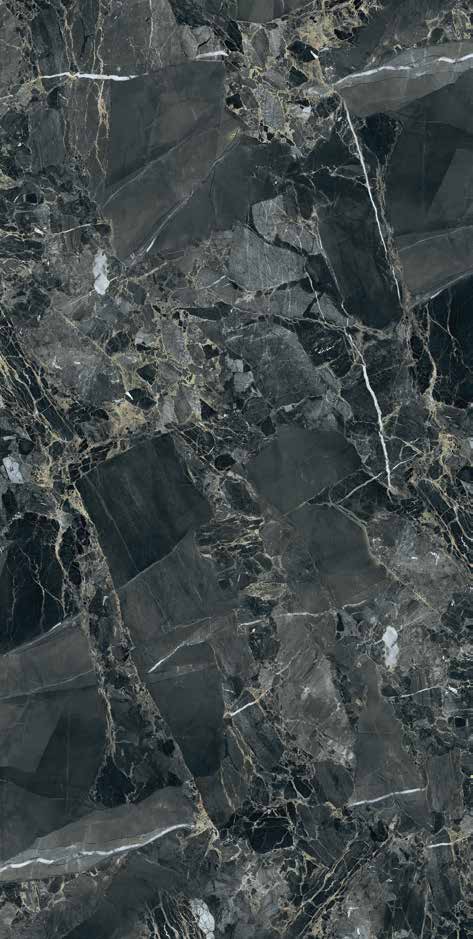 Storm Verge tile face — charcoal breccia with gold veining