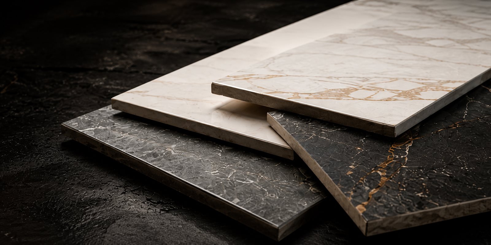 Large-format porcelain slabs stacked on a dark surface