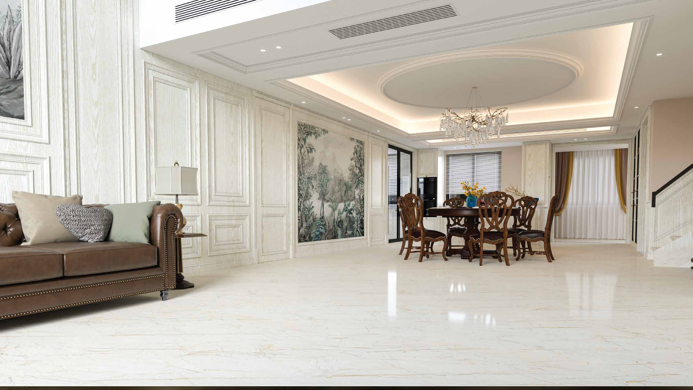 Classic dining room over soft ivory tile