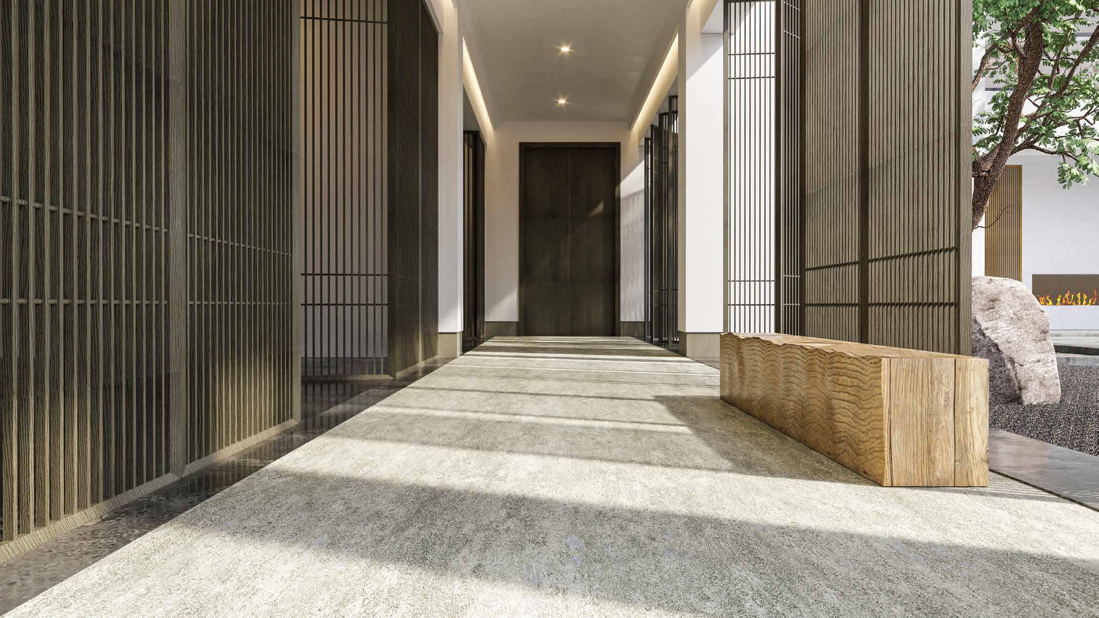 Slatted timber corridor with stone floor