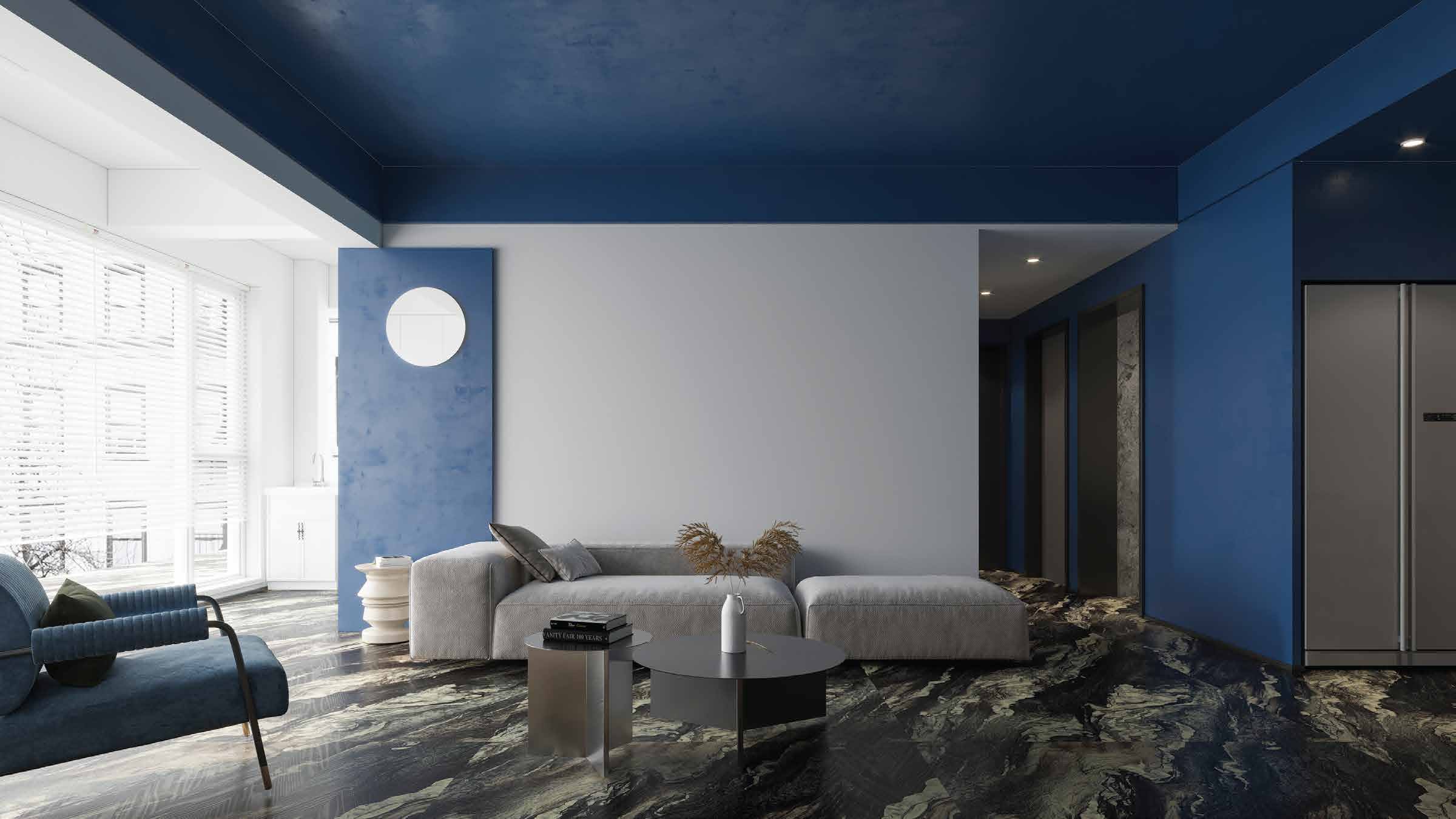 Indigo lounge over dark flowing stone floor