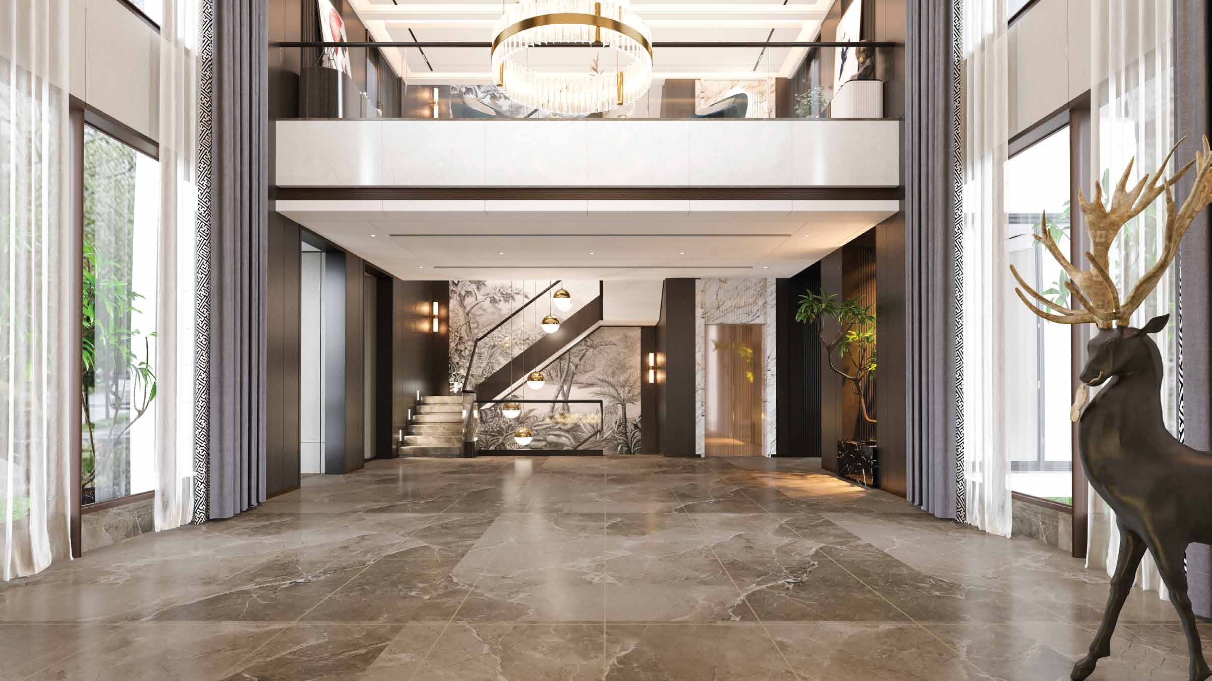 Grand marble lobby floored in large-format porcelain