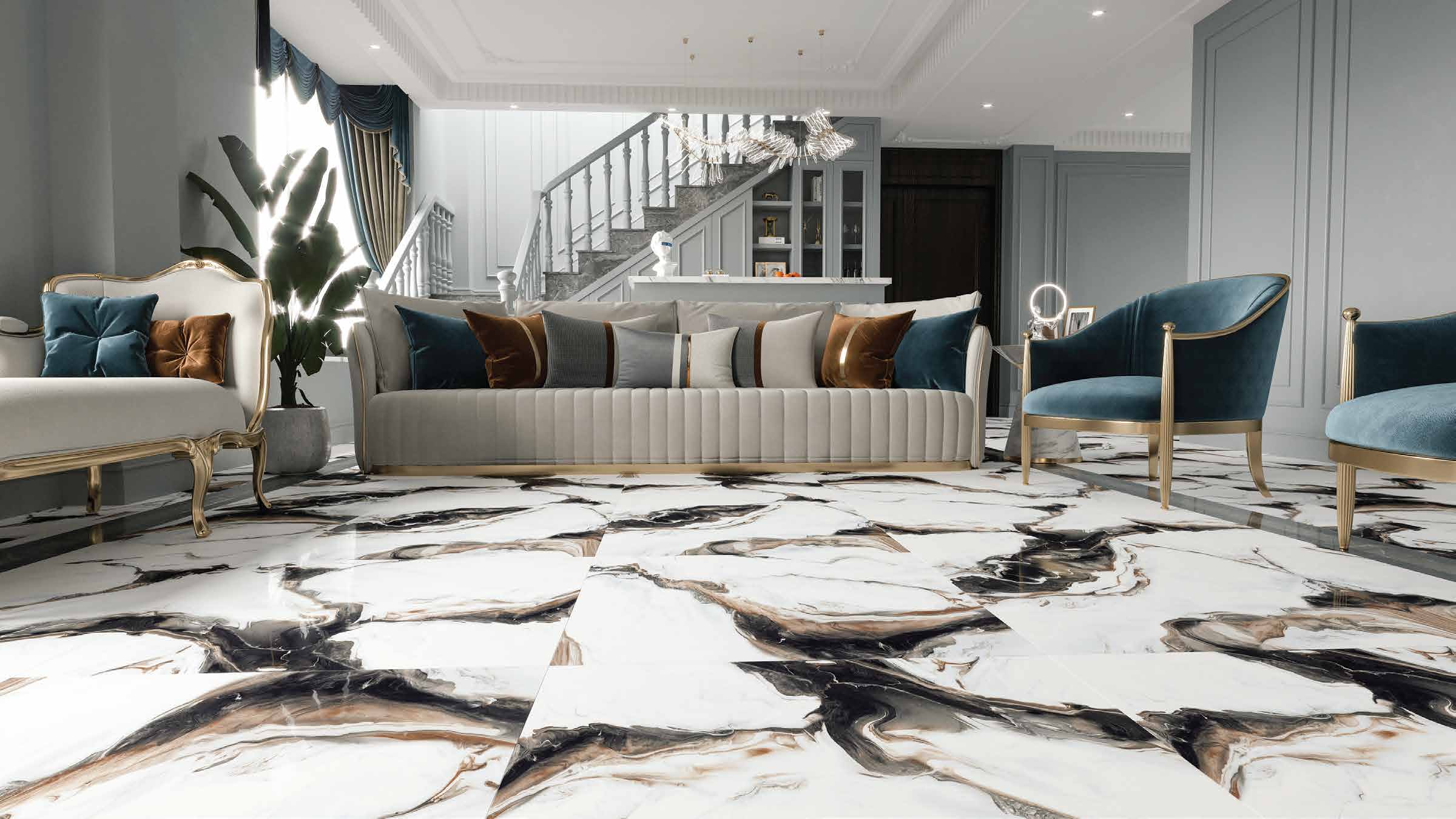 Classic salon over dramatic marble-look floor