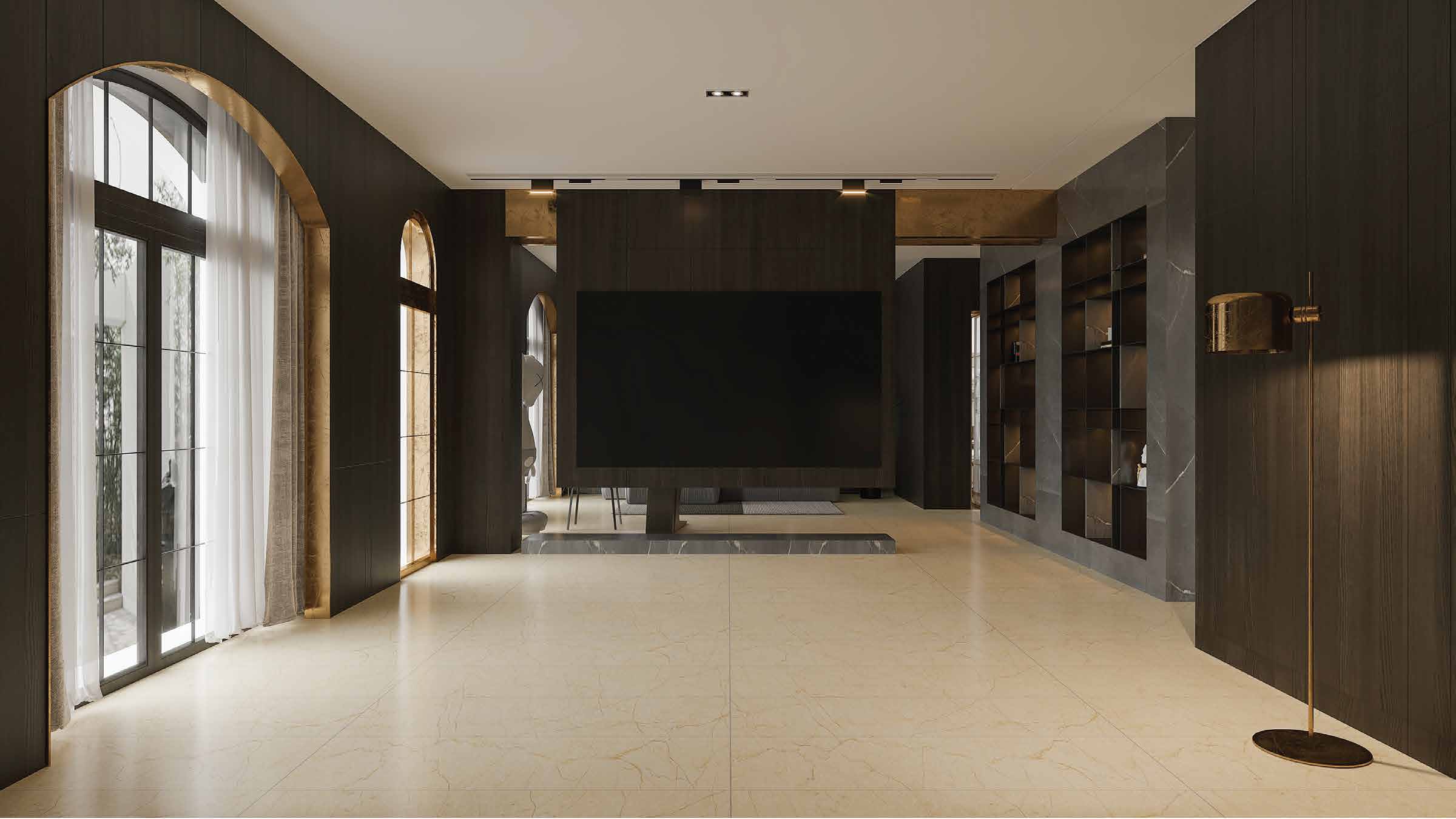 Dark lounge over warm amber stone floor