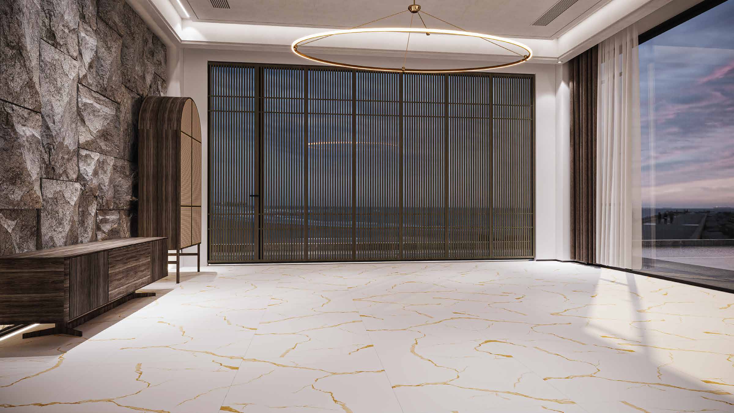 Auric Glow tile in a lounge with gold-veined white floor