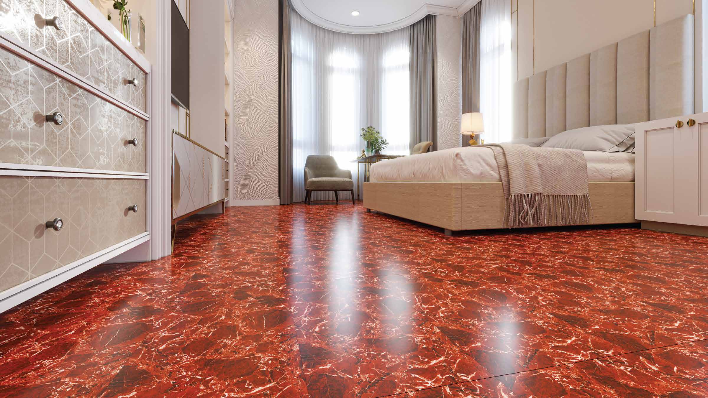 Crimson Glow red marble-look tile flooring a bedroom