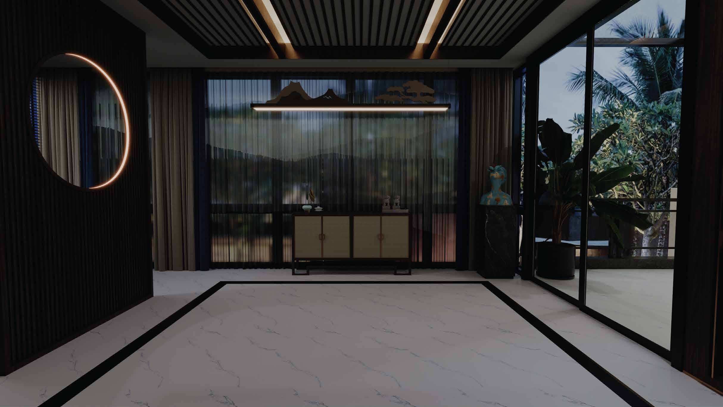Polar Stream white marble-look tile in a dusk interior