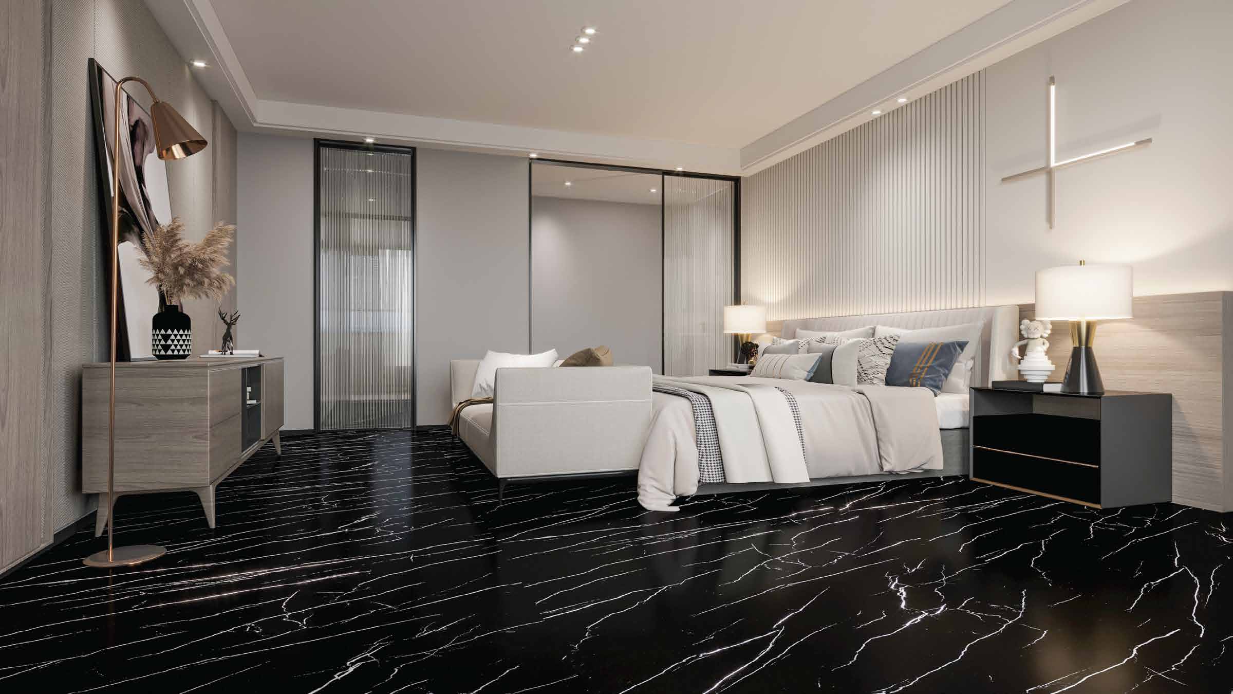 Raven Vein black marble-look tile in a bedroom